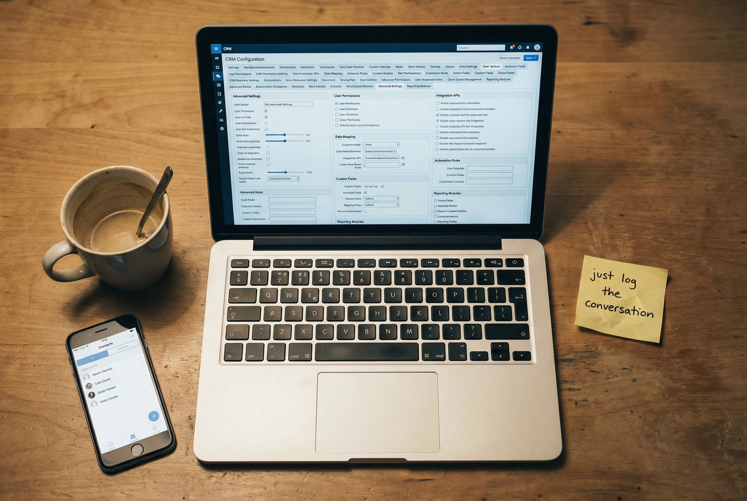 Overhead view of a laptop showing an overwhelming CRM settings page with dozens of toggles and menus, next to a simple sticky note reading just log the conversation