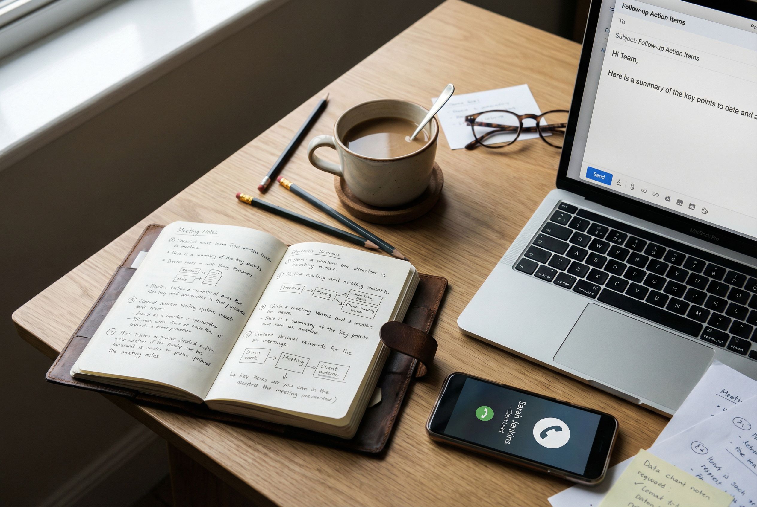 Overhead view of a consultant's desk with a laptop showing an email draft, notebook with handwritten meeting notes, and phone displaying a contact card