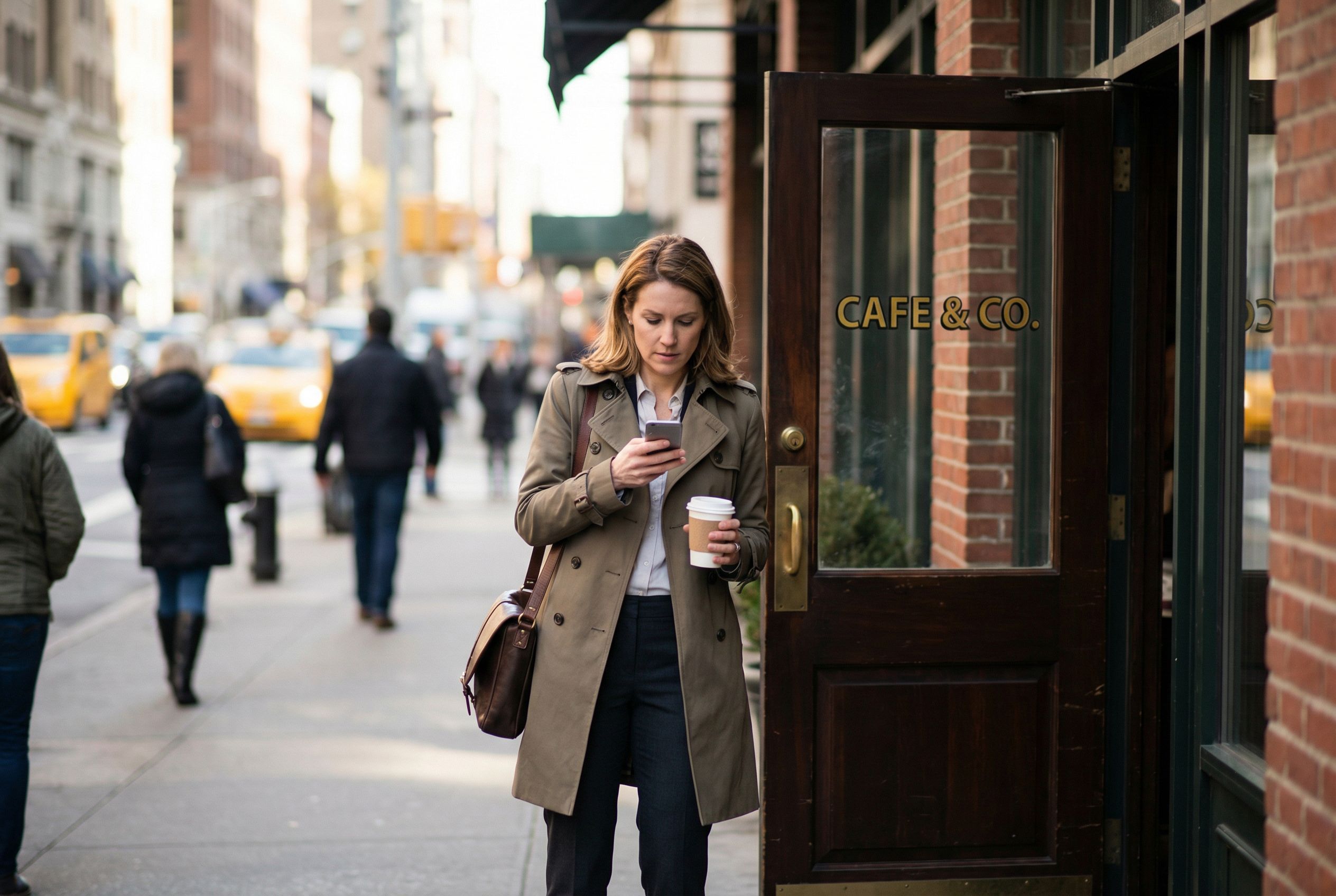 Professional woman standing outside a cafe with phone in hand typing a quick note, takeaway coffee in the other hand, capturing details before they fade