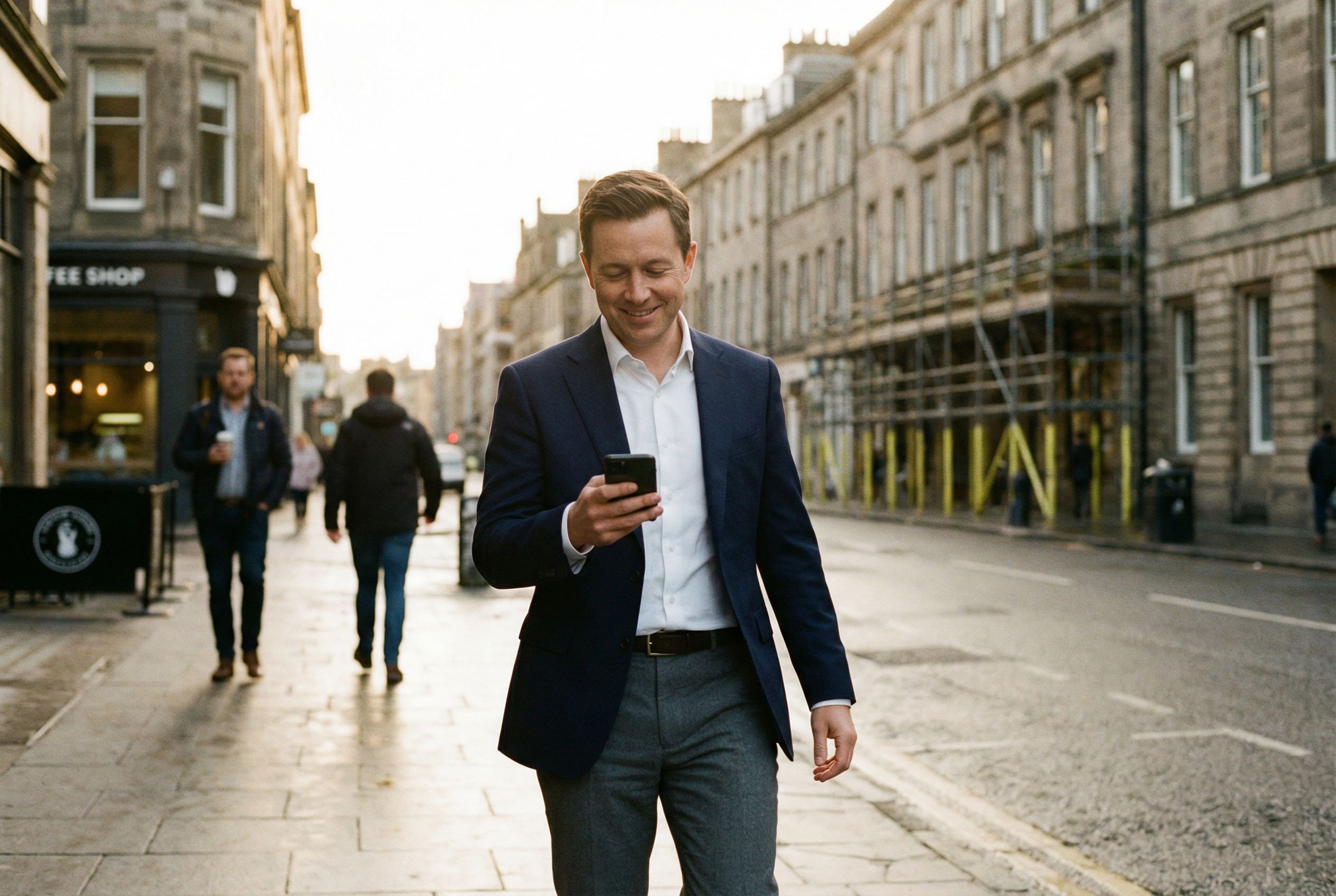 Person walking down a city street in early morning light, phone in hand, typing a quick follow-up message with a small confident smile