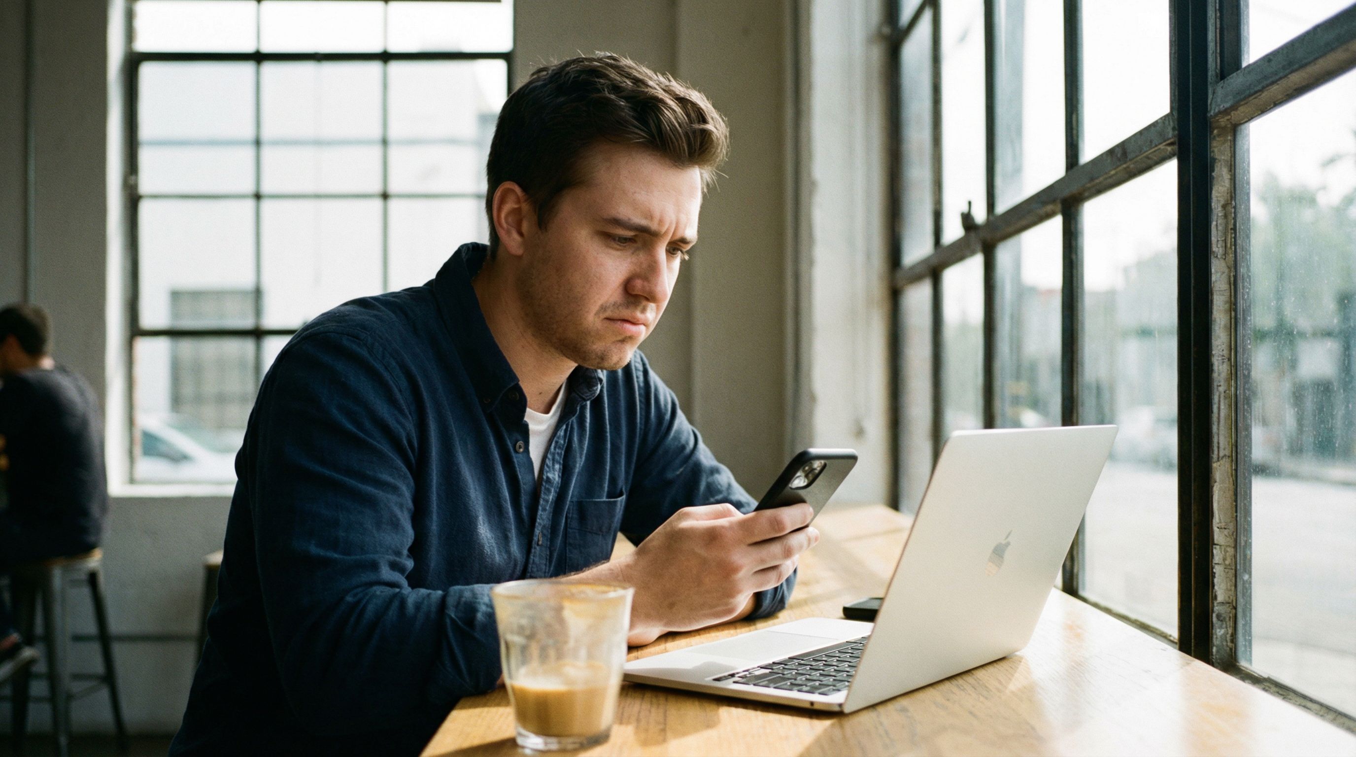 Freelancer sitting in a bright coffee shop looking at their phone with a slight frown, surrounded by an open laptop and half-finished coffee