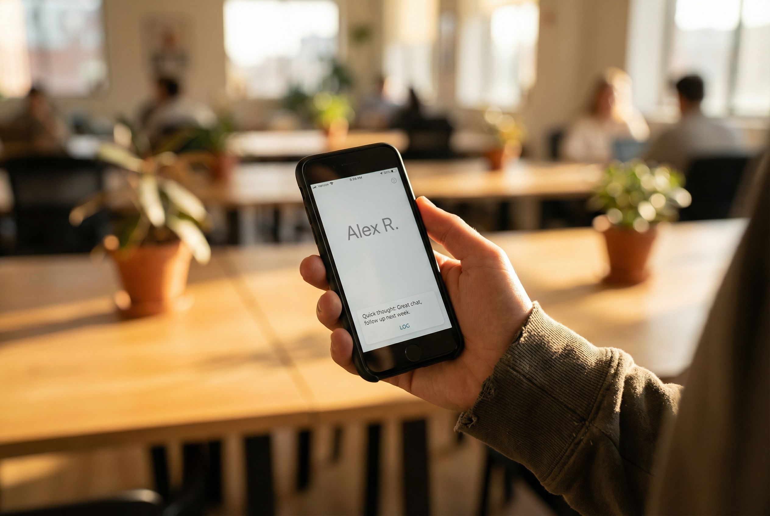 Freelancer's hand holding a phone in a coworking space, logging a quick note after a conversation on a clean simple interface