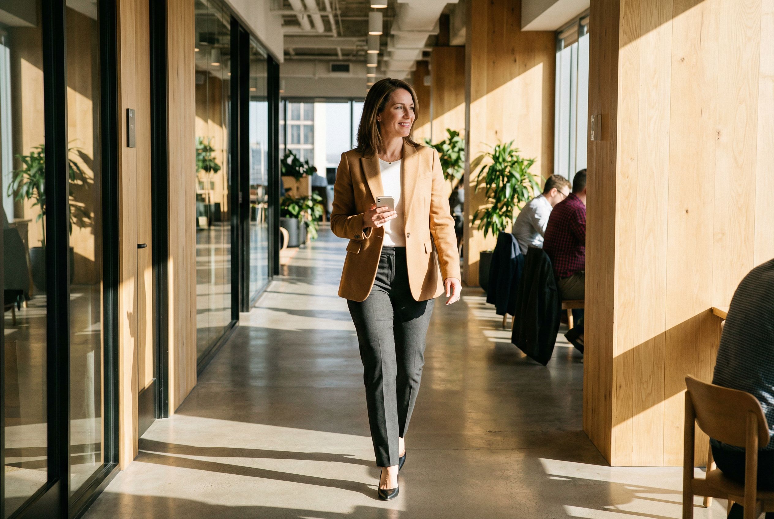 Professional walking confidently through a modern co-working space hallway with phone in hand, purposeful and ready to act after their morning review