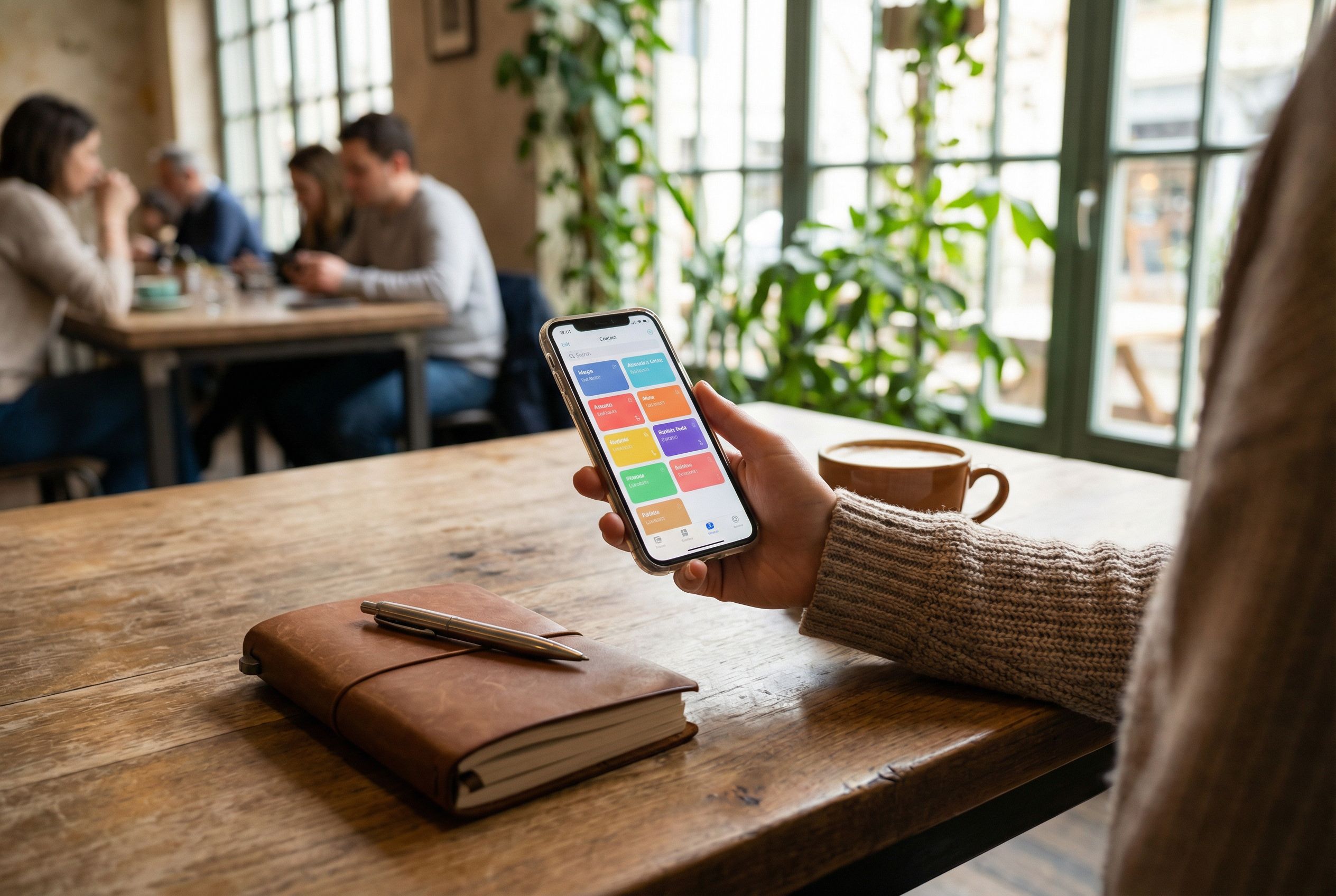 Person reviewing contacts on a mobile phone at a cafe table, phone screen showing a list-style interface with coloured cards, notebook and pen nearby
