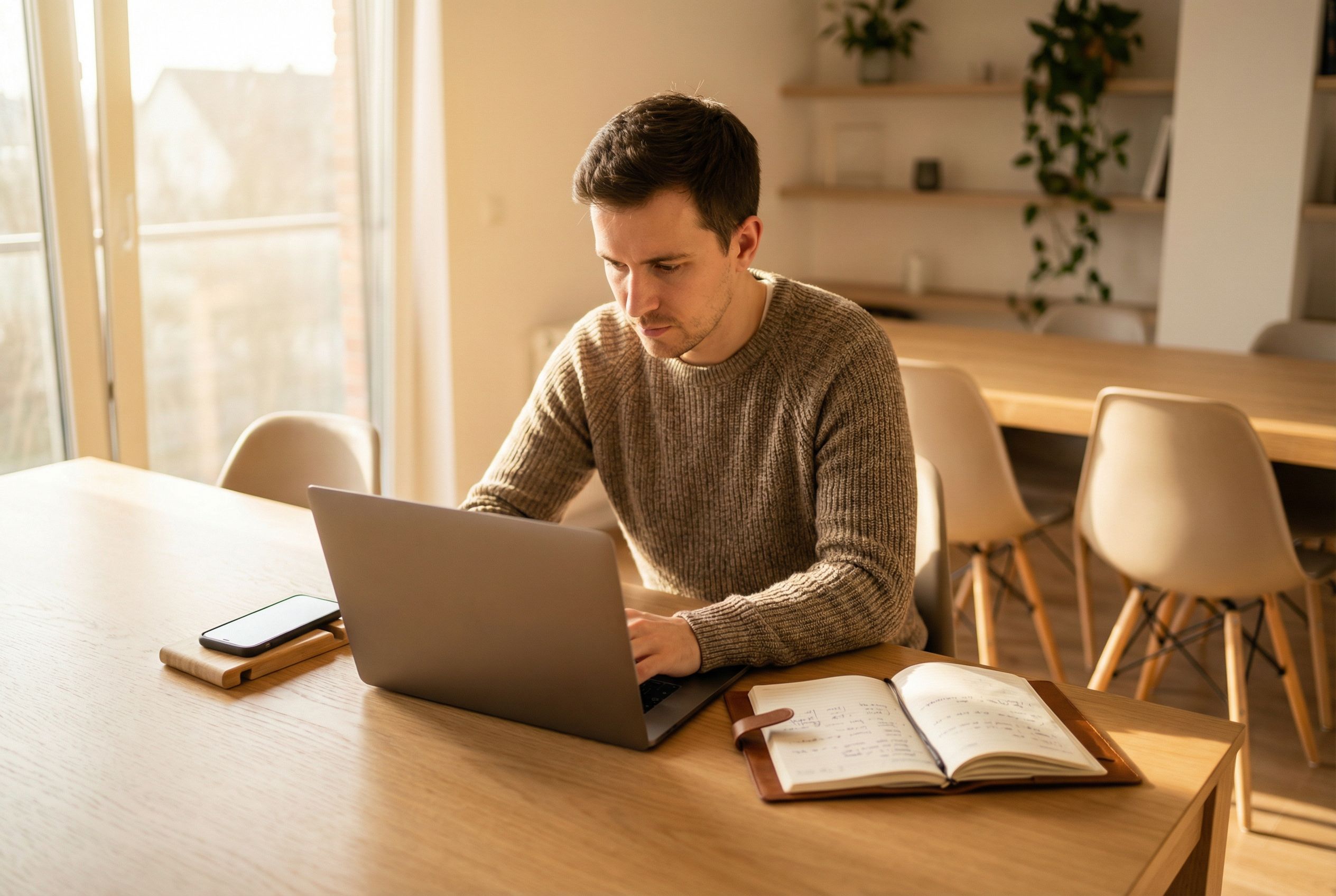 Solo consultant working alone at a clean modern desk, focused on their screen, unaware of a phone face-down on the desk, too busy to notice what is slipping away