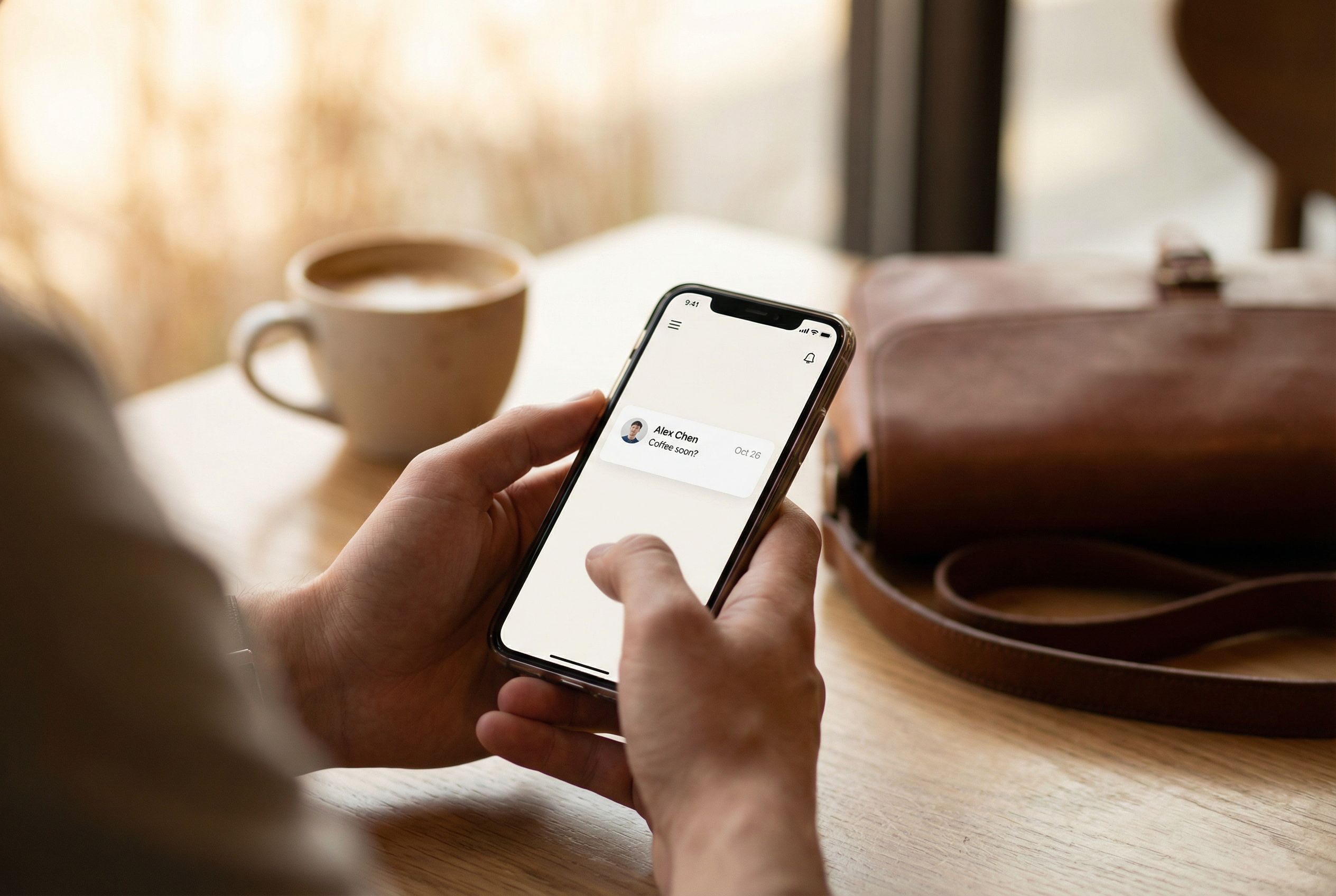 Person holding a smartphone at a cafe table showing a clean minimal app interface with a single contact card and short note