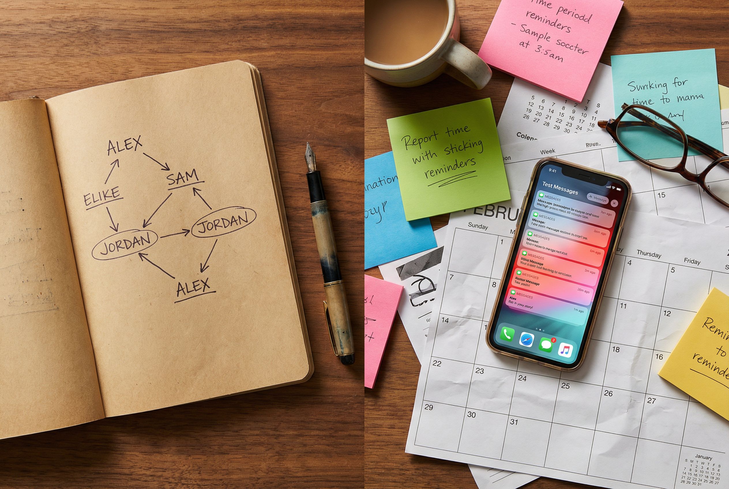Overhead view of a desk split in two halves, one side with a neat notebook showing relationship connections, the other with cluttered sticky notes and calendar printouts