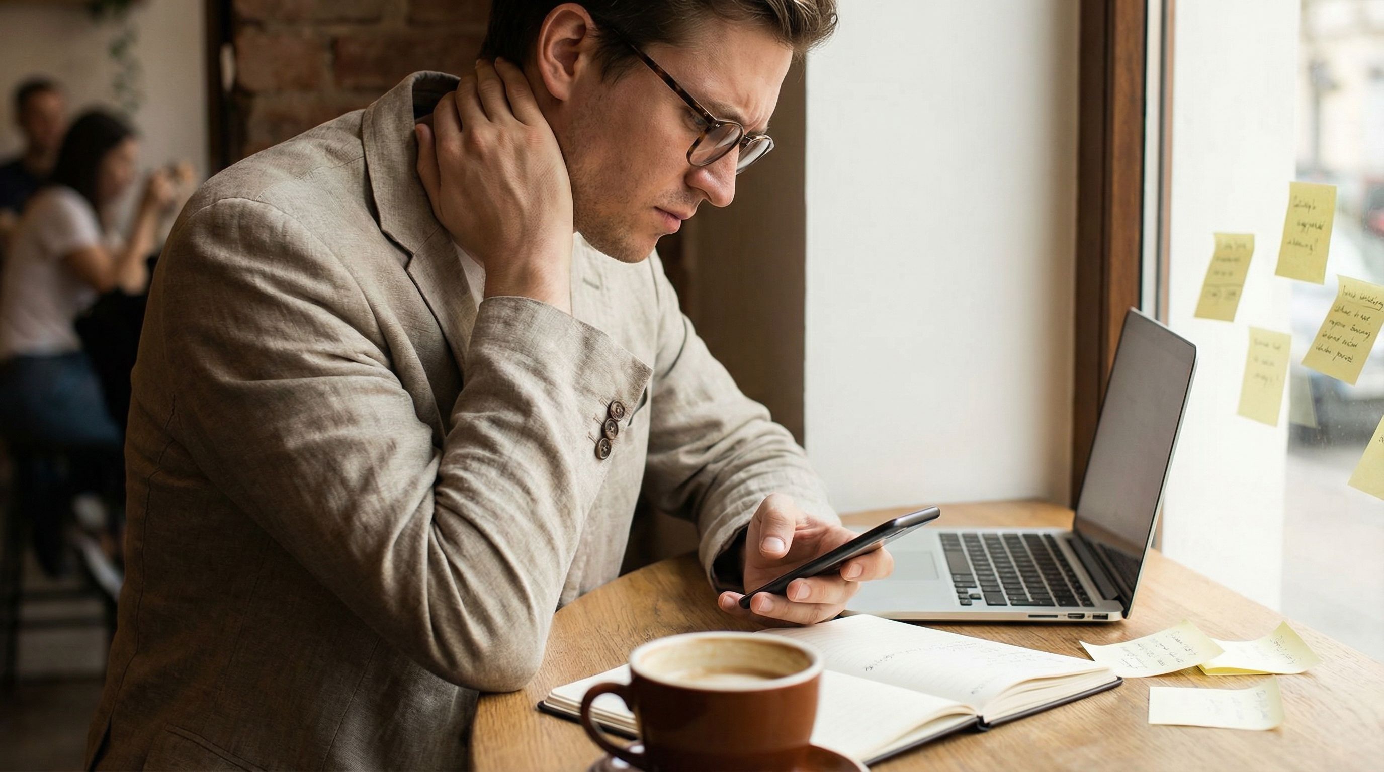 Solo consultant trying to remember client details at a coffee meeting, looking slightly overwhelmed while checking their phone
