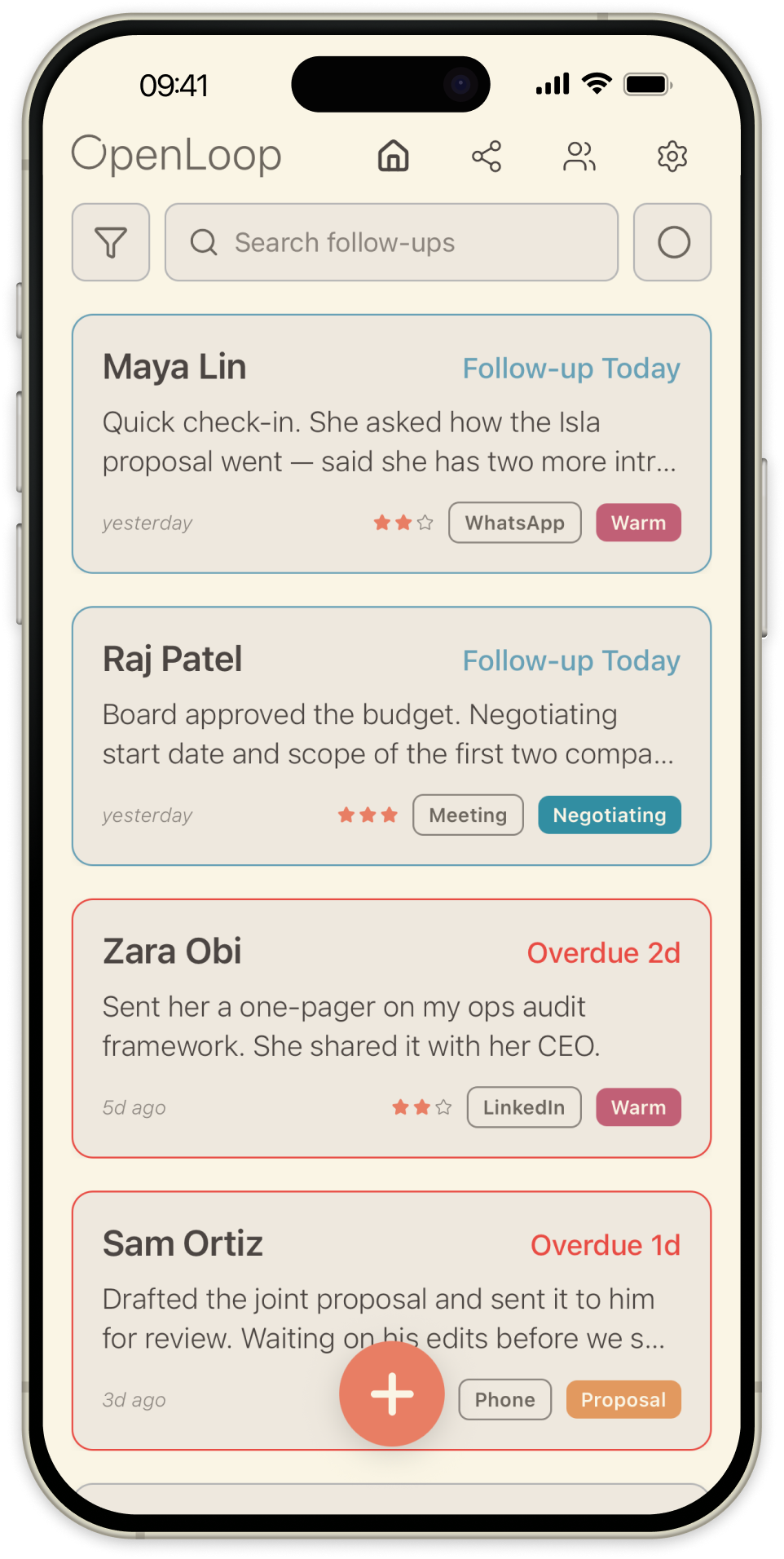 OpenLoop contact list showing follow-up badges