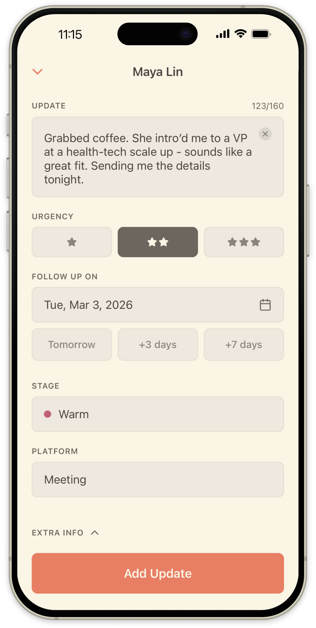 OpenLoop update form showing quick conversation capture