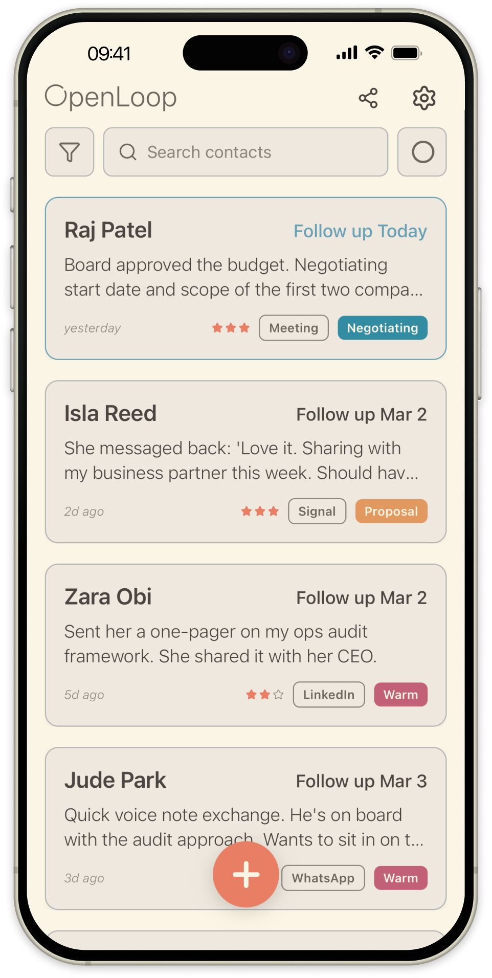 OpenLoop app screen showing upcoming and overdue follow-ups