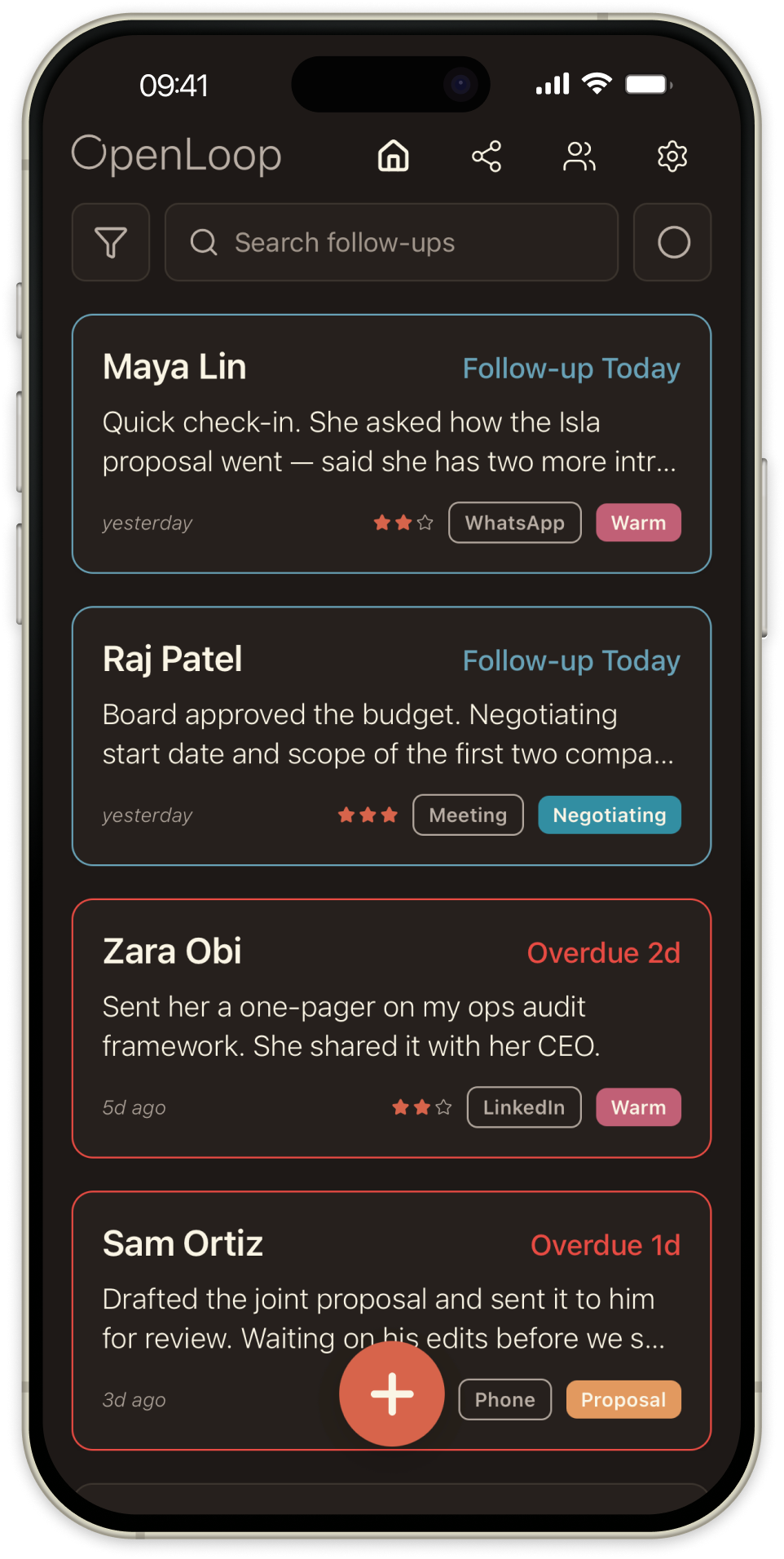 OpenLoop in dark mode showing follow-up list