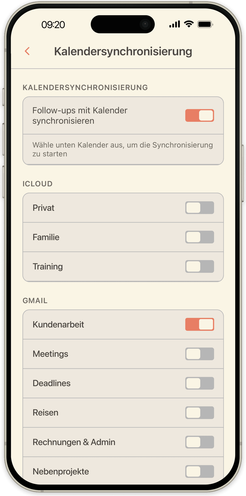 OpenLoop Kalendersynchronisierung: auswählen, in welche iCloud- oder Google-Kalender Follow-ups geschrieben werden