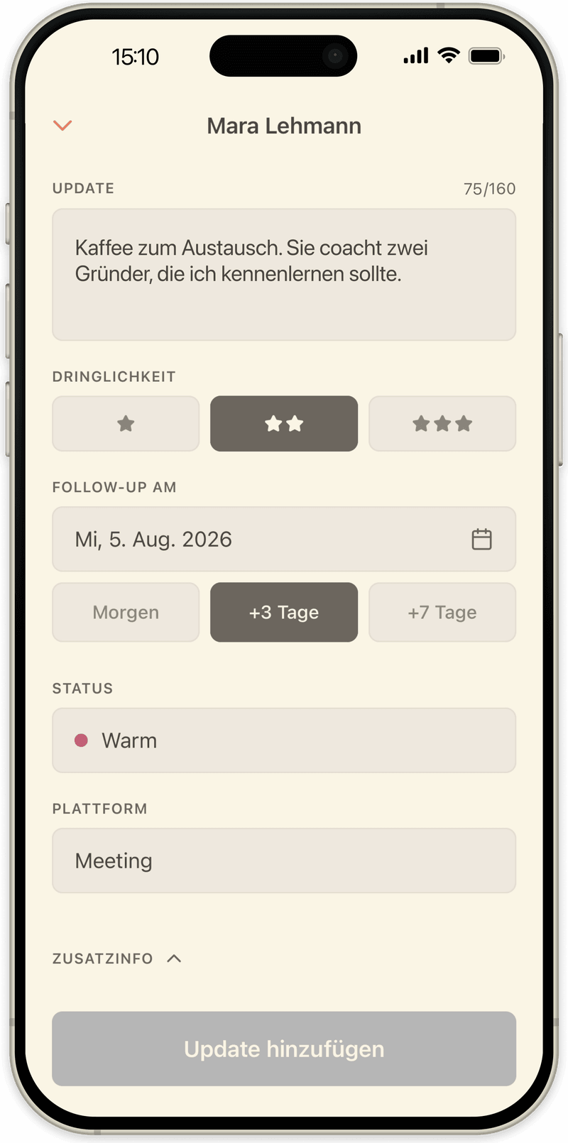 Ein Update in OpenLoop schreiben: eine kurze Notiz, die Dringlichkeit und der Tag, an dem du zurückkommst