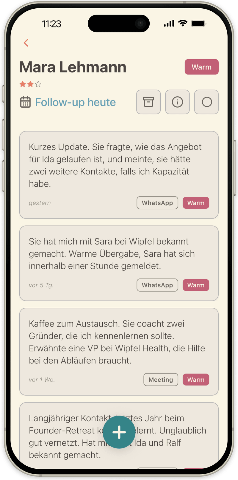 Ein einzelner Kontakt in OpenLoop mit jeder Notiz zu ihm, neueste zuerst