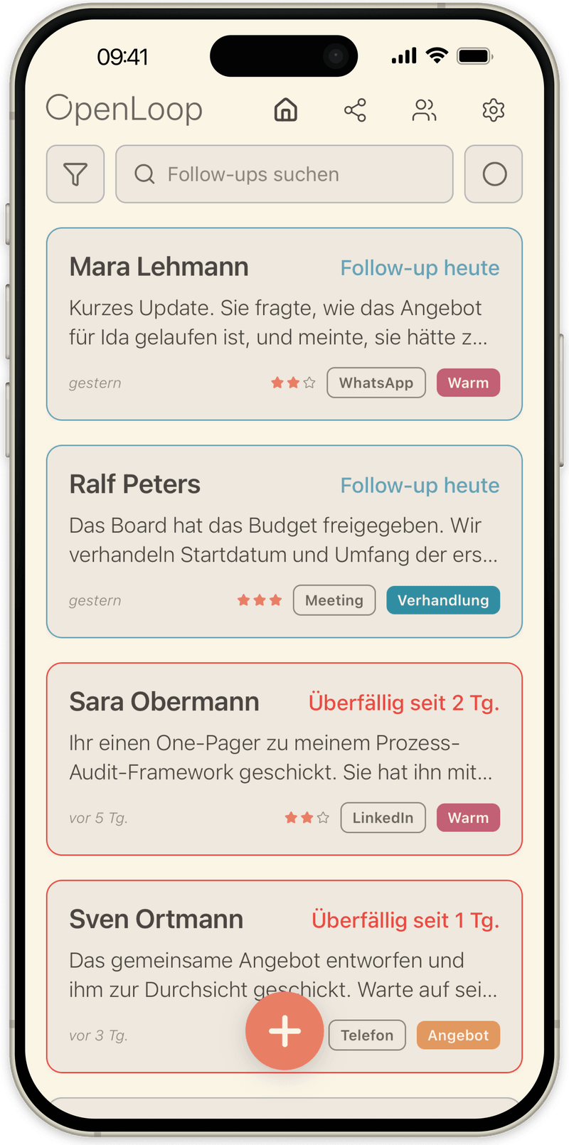 OpenLoop Startliste: jede Person mit aktuellem Stand und letzter Notiz, fällige Follow-ups heute ganz oben