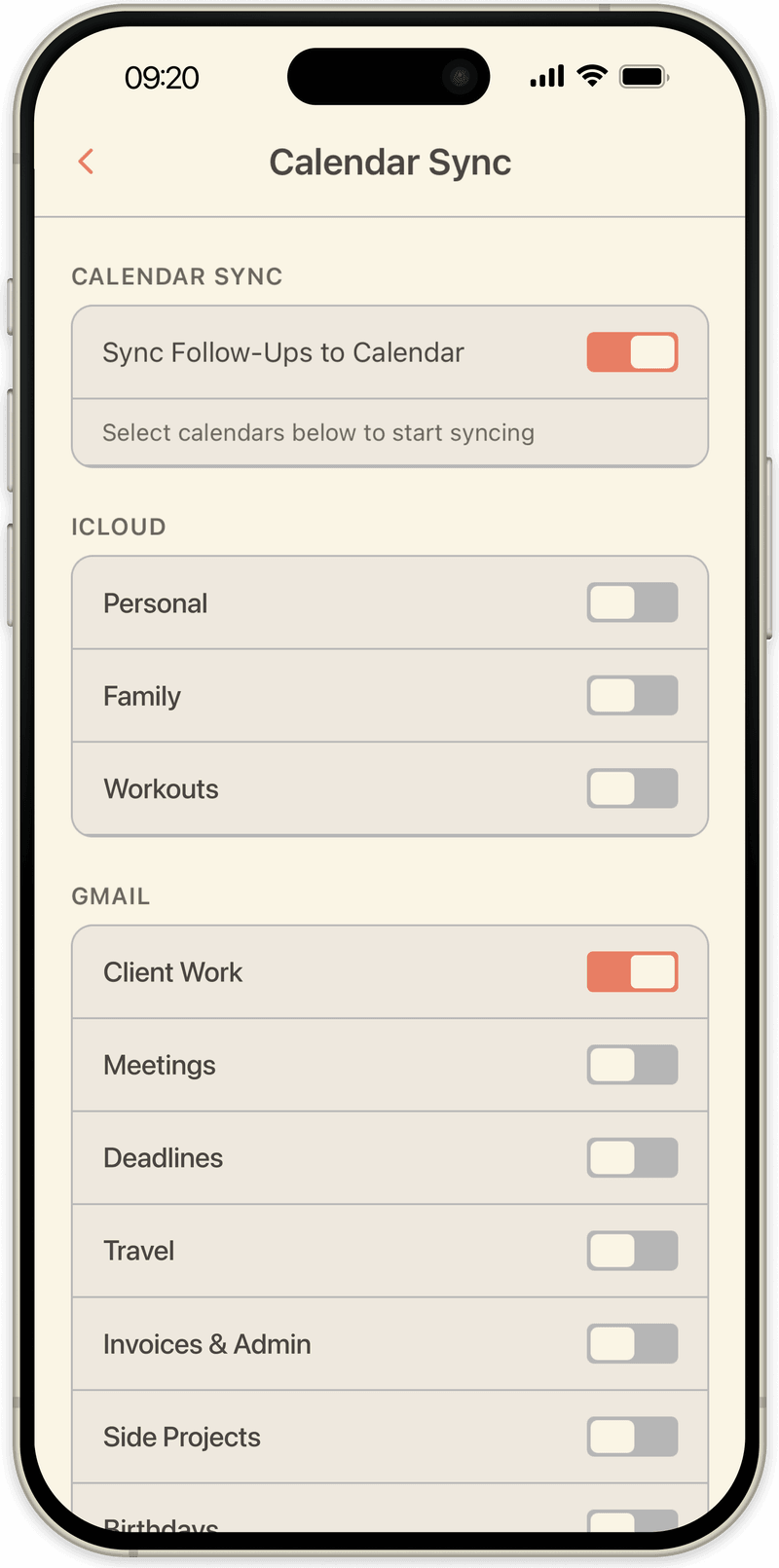 OpenLoop calendar sync settings choosing which iCloud or Google calendars follow-ups write to