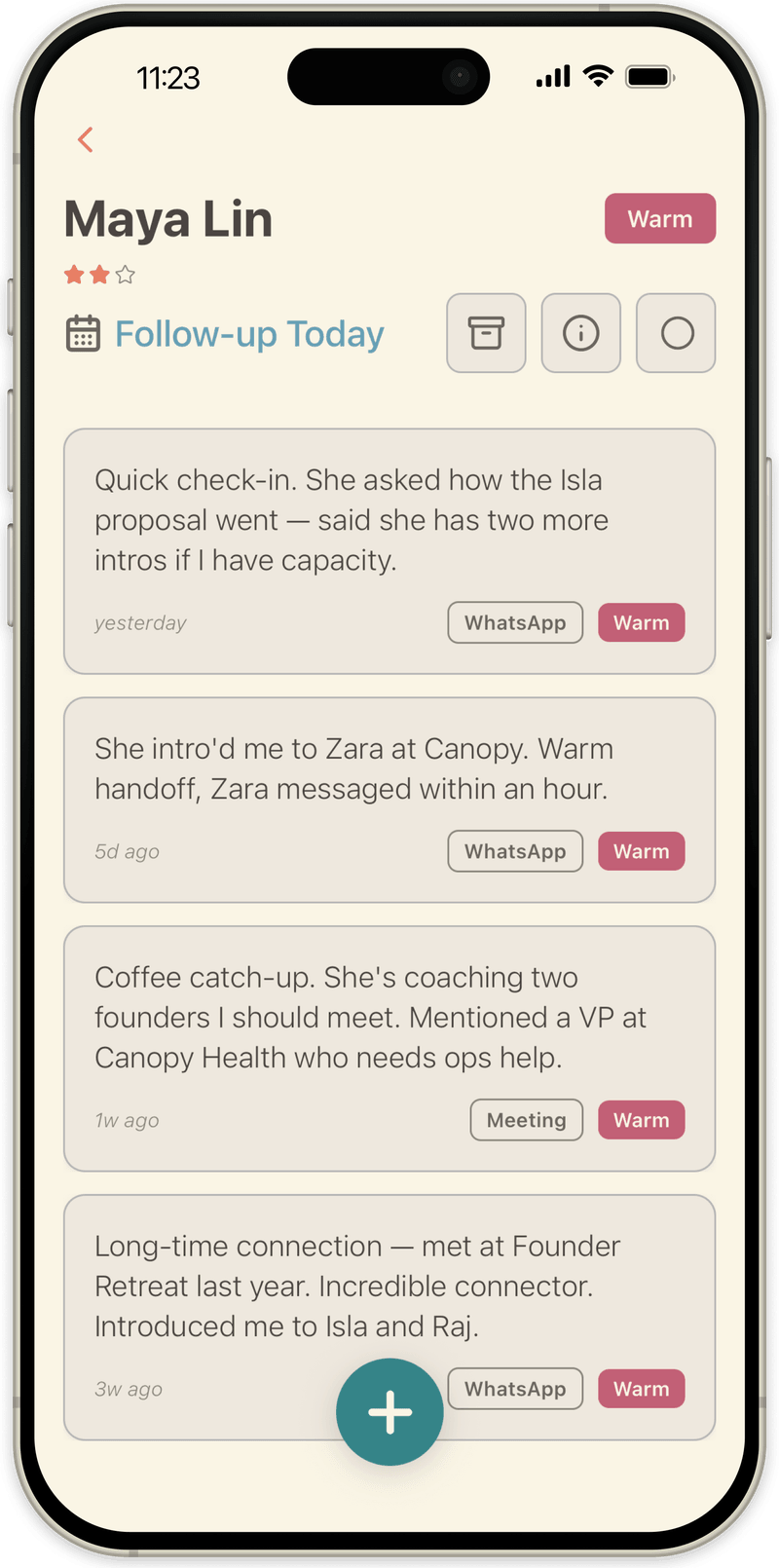 A single contact in OpenLoop with every note about them, newest first