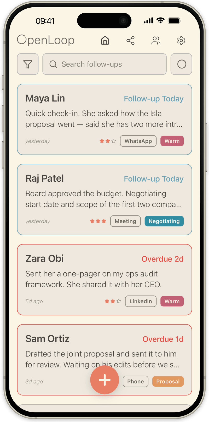 OpenLoop home list: each person with where things stand and the last note, follow-ups due today at the top
