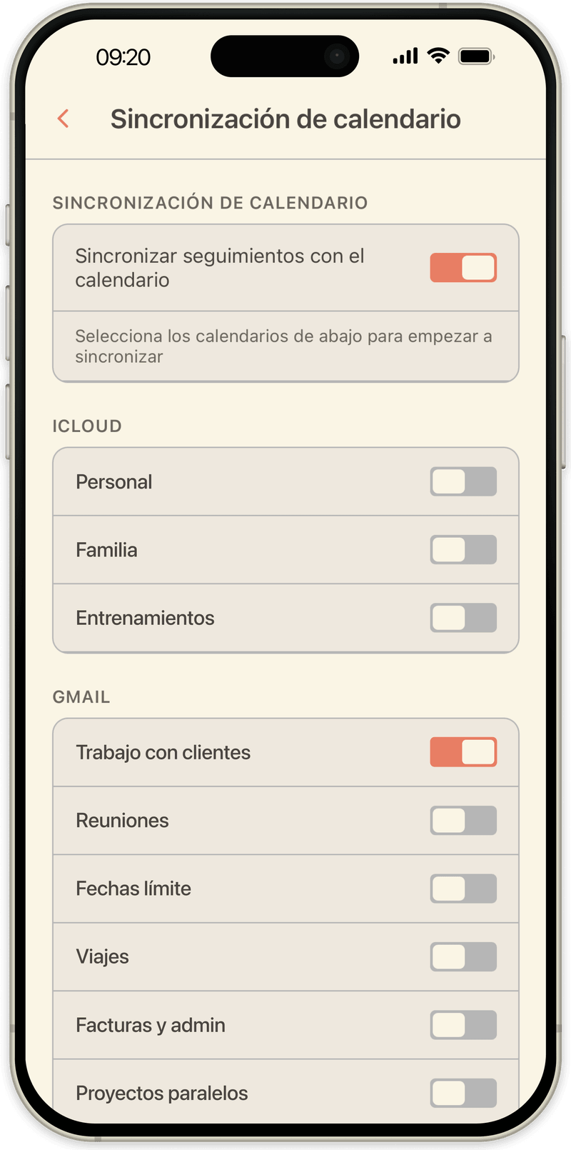 Ajustes de sincronización de calendario en OpenLoop, eligiendo en qué calendarios de iCloud o Google escribir los seguimientos