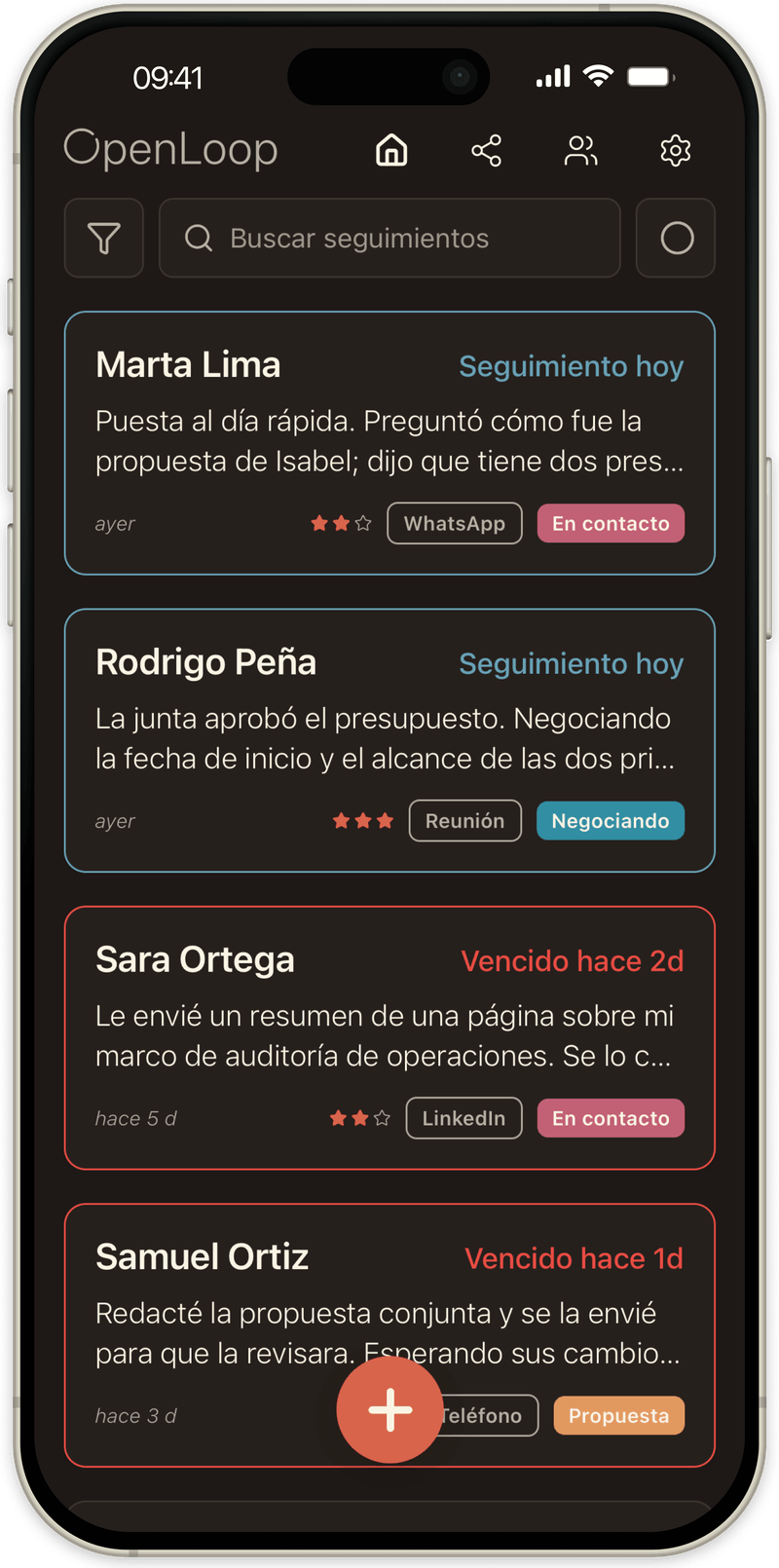 La misma lista en modo oscuro