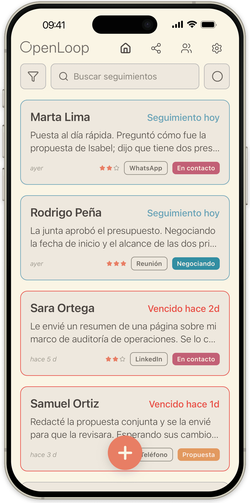 Lista principal de OpenLoop: cada persona con su estado y la última nota, los seguimientos de hoy arriba del todo