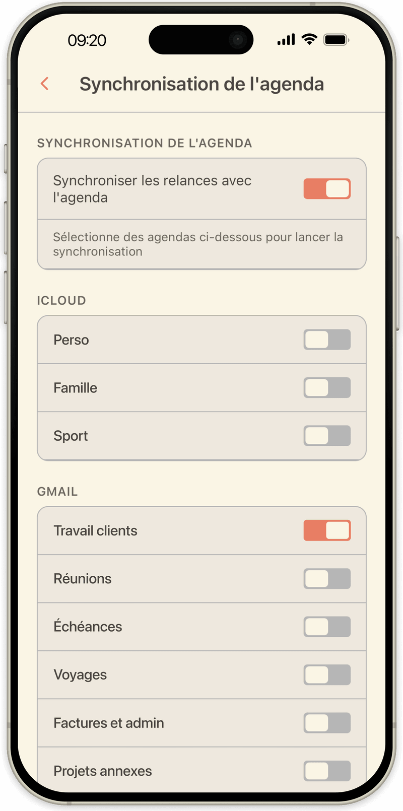 Réglages de synchronisation de l'agenda OpenLoop : choix des agendas iCloud ou Google où écrire les relances