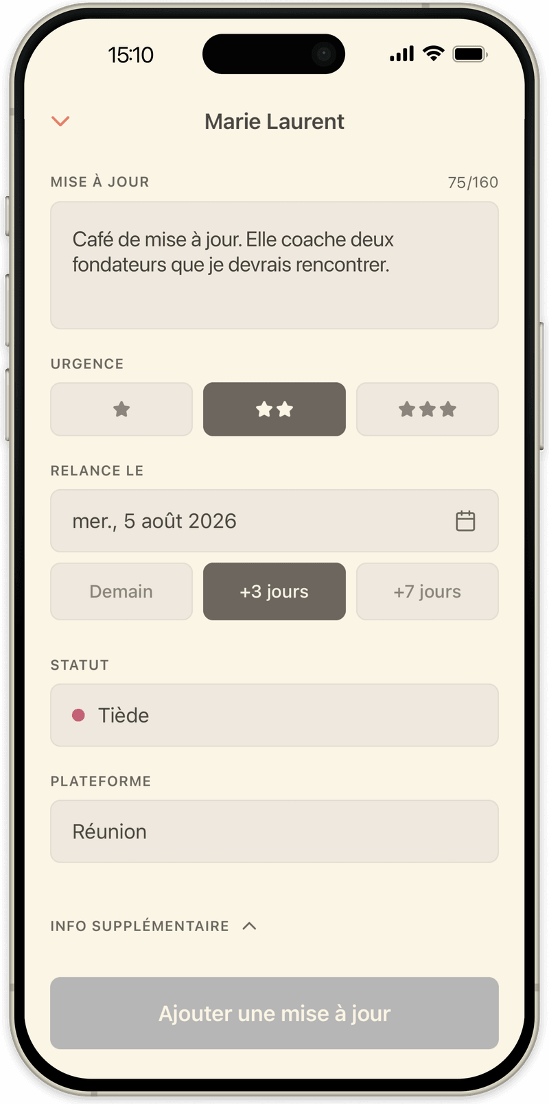 Rédaction d'une mise à jour dans OpenLoop : une note courte, l'urgence et le jour du retour