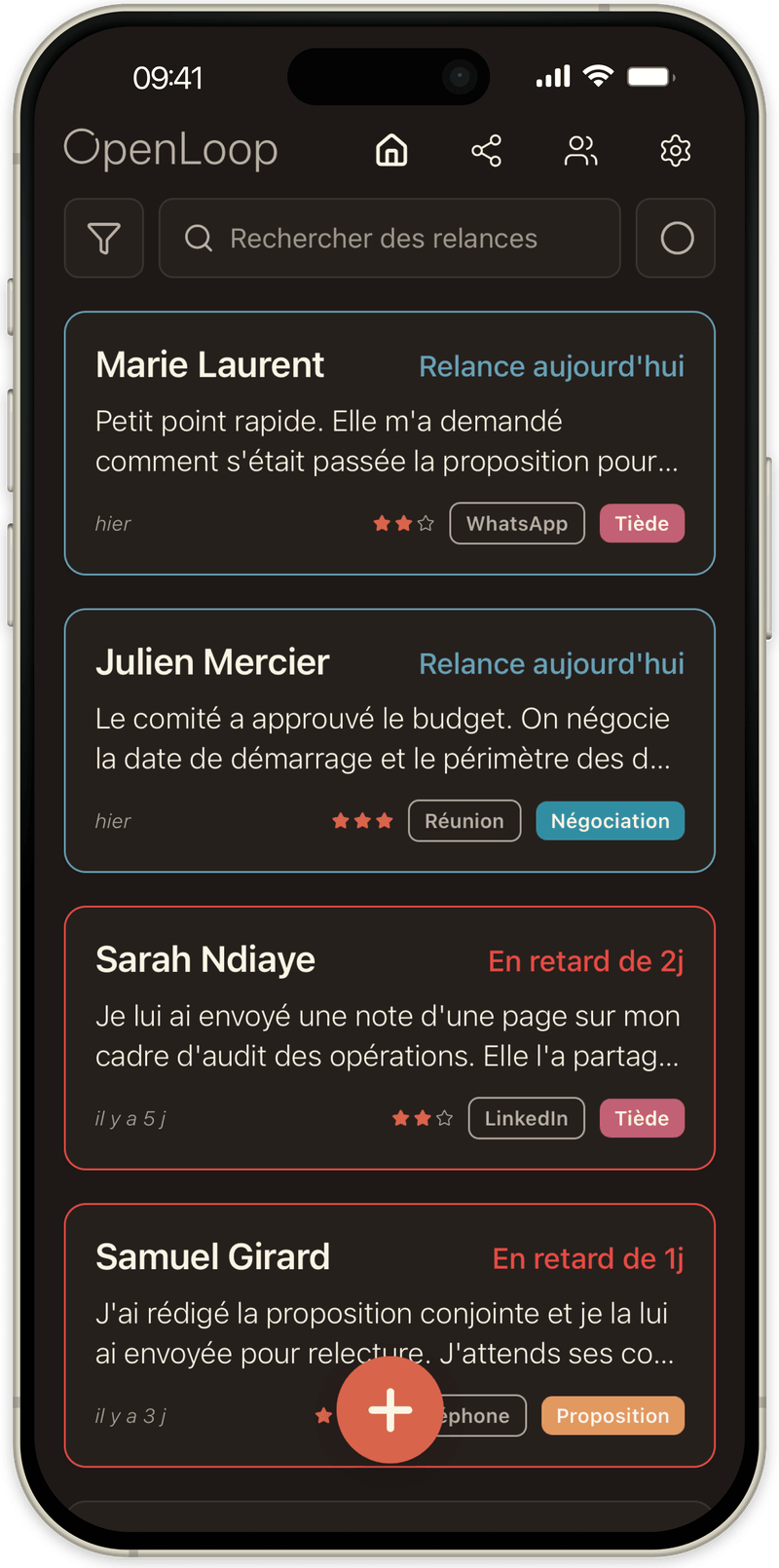 La même liste en mode sombre