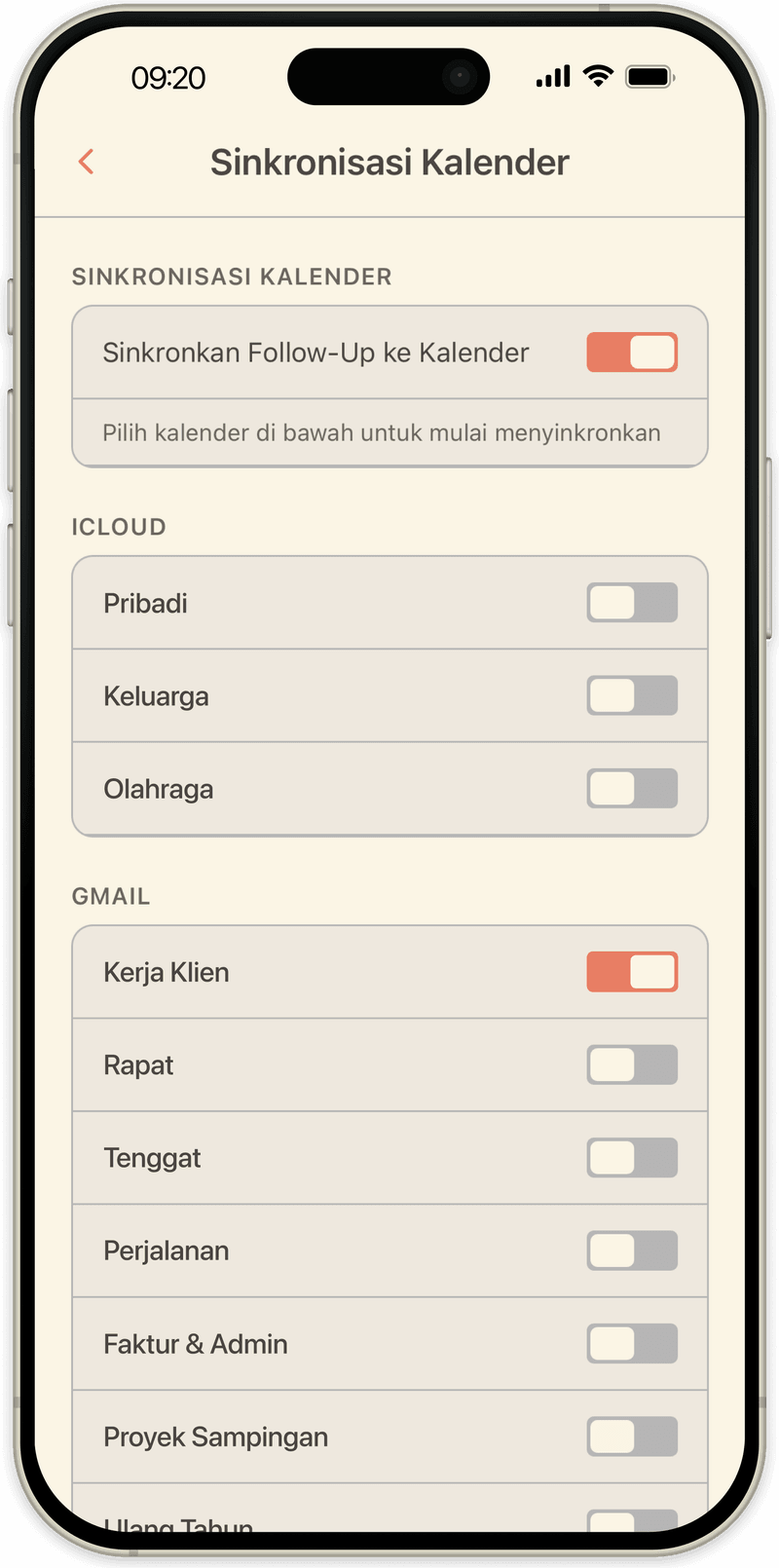Pengaturan sinkronisasi kalender OpenLoop, memilih kalender iCloud atau Google mana yang menerima follow-up