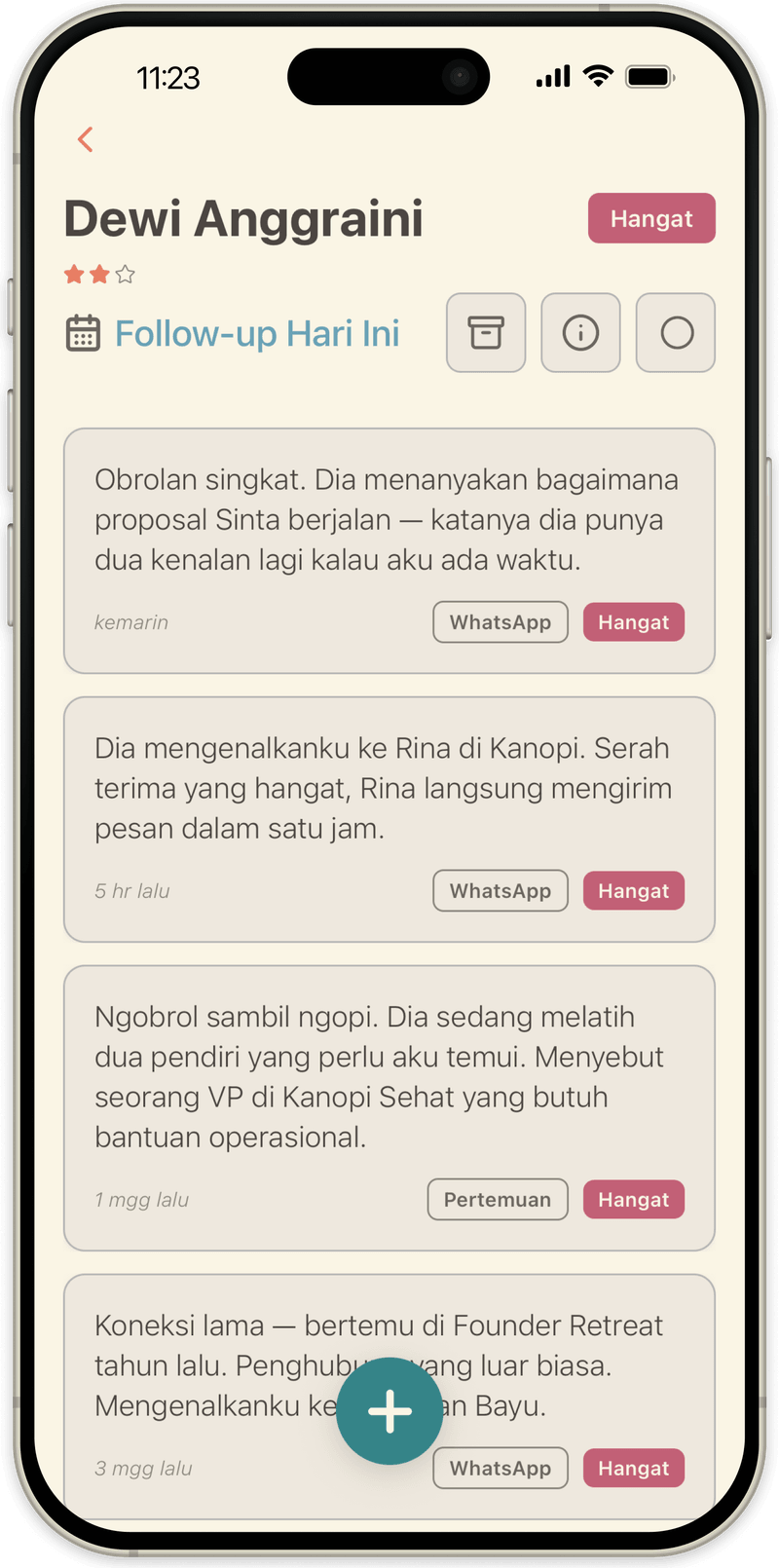 Satu kontak di OpenLoop dengan semua catatan tentang mereka, terbaru di atas