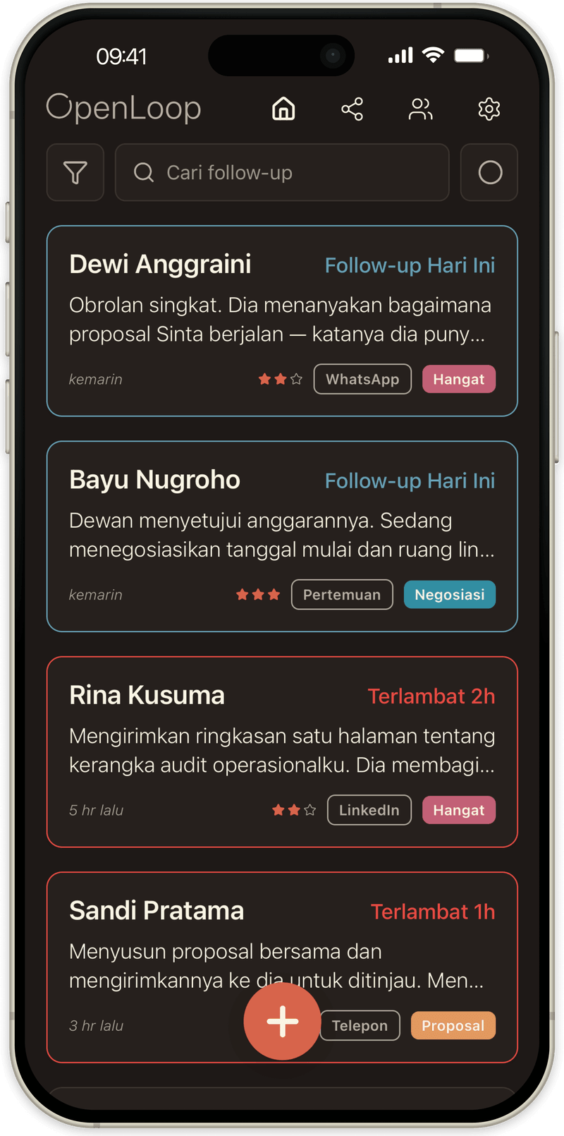 Daftar yang sama dalam mode gelap
