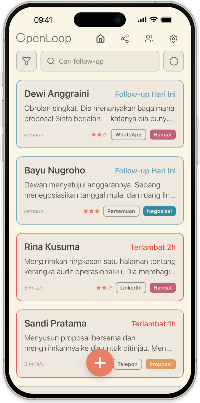 Daftar utama OpenLoop: setiap orang dengan status terkini dan catatan terakhir, follow-up yang jatuh tempo hari ini di bagian atas