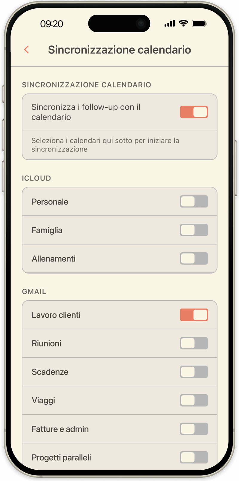 Impostazioni di sincronizzazione calendario di OpenLoop: scegli su quali calendari iCloud o Google scrivere i follow-up