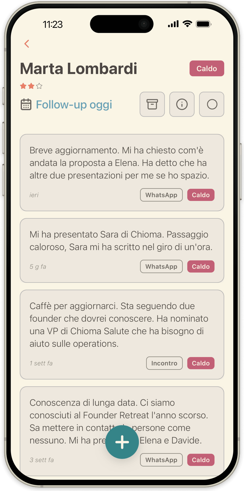Un singolo contatto in OpenLoop con tutte le note su di lui, dalla più recente