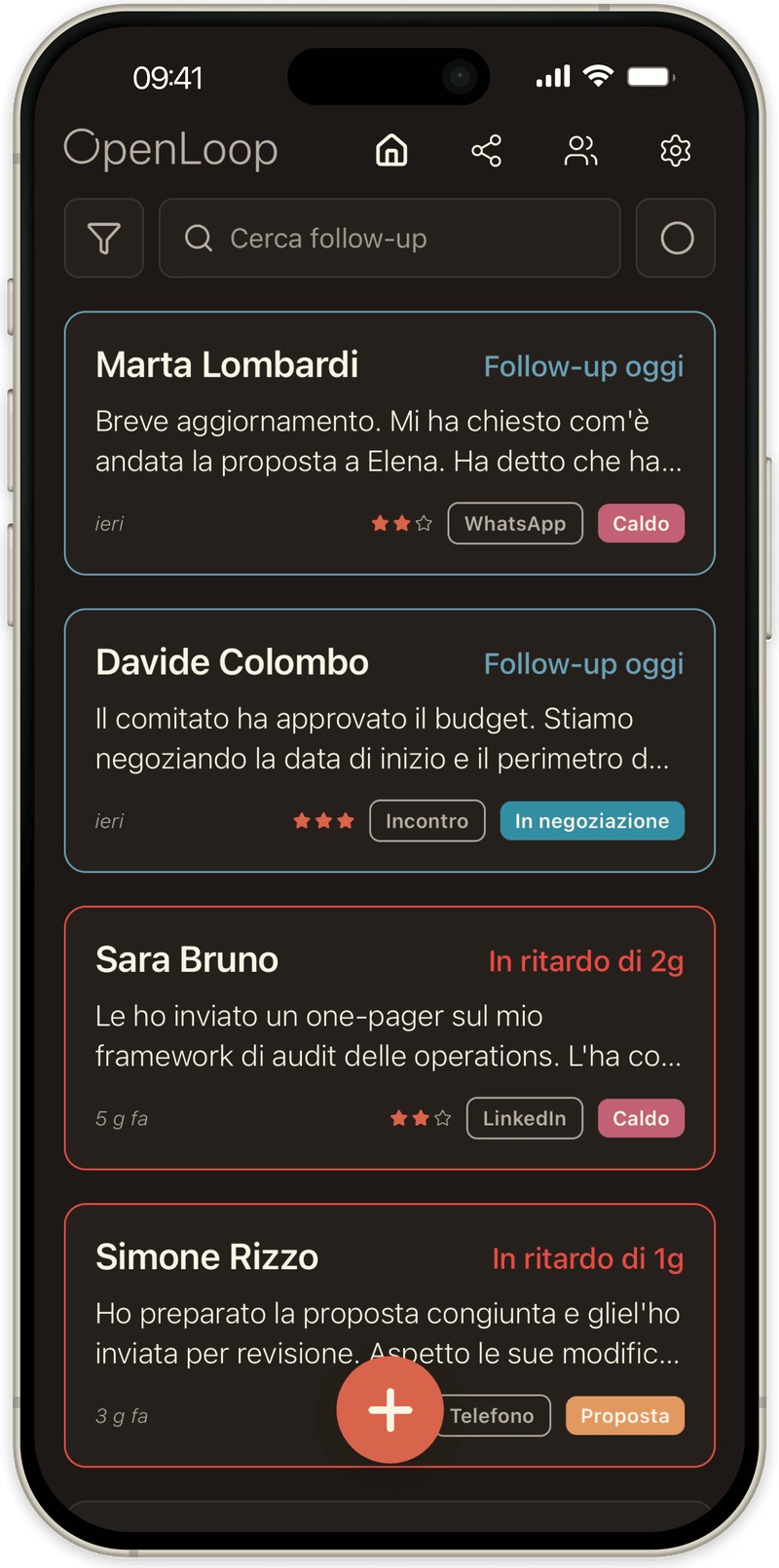 La stessa lista in modalità scura