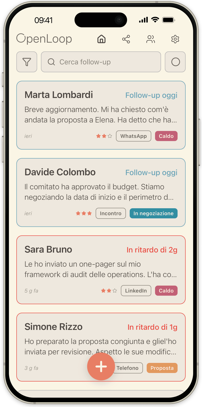 Lista principale di OpenLoop: ogni persona con lo stato attuale e l'ultima nota, i follow-up di oggi in cima