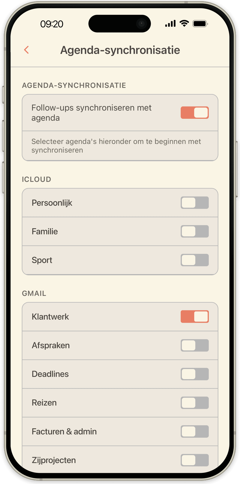 OpenLoop agenda-instellingen: kies naar welke iCloud- of Google-agenda's follow-ups worden geschreven