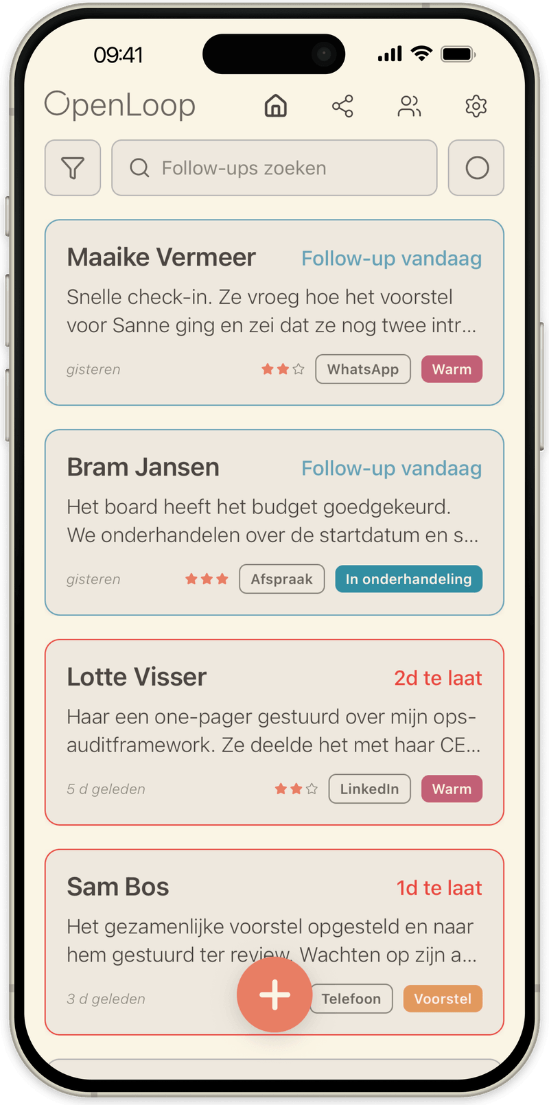 OpenLoop hoofdlijst: elk contact met de huidige fase en de laatste update, follow-ups van vandaag bovenaan