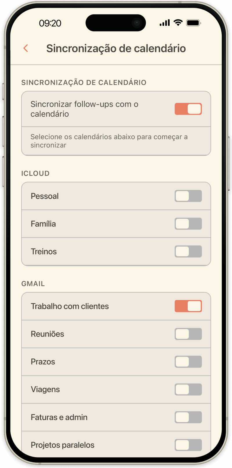Ajustes de sincronização de calendário do OpenLoop, escolhendo em quais calendários do iCloud ou do Google os follow-ups são escritos