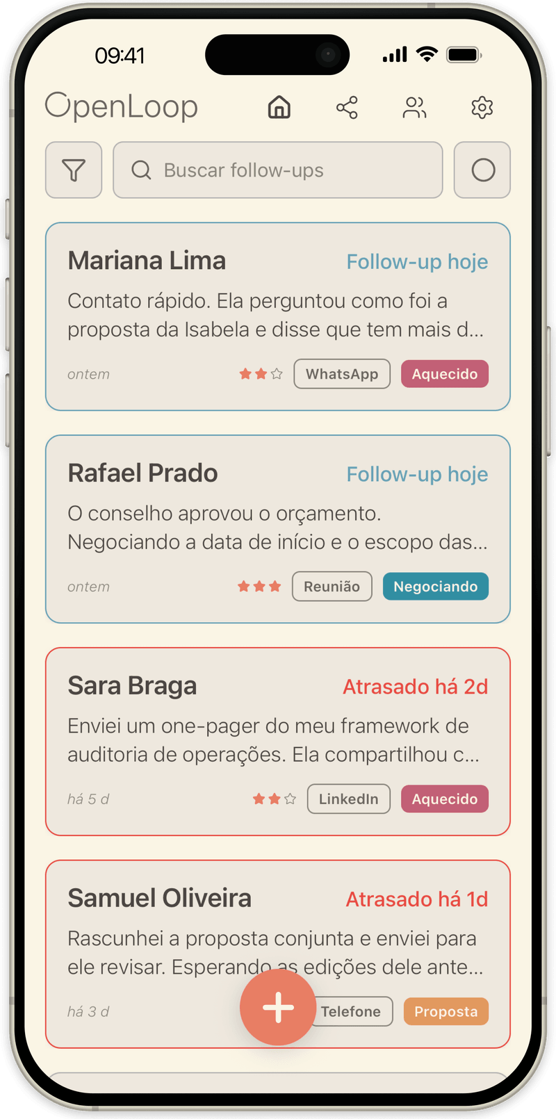 Lista inicial do OpenLoop: cada pessoa com a etapa atual e a última nota, follow-ups do dia no topo