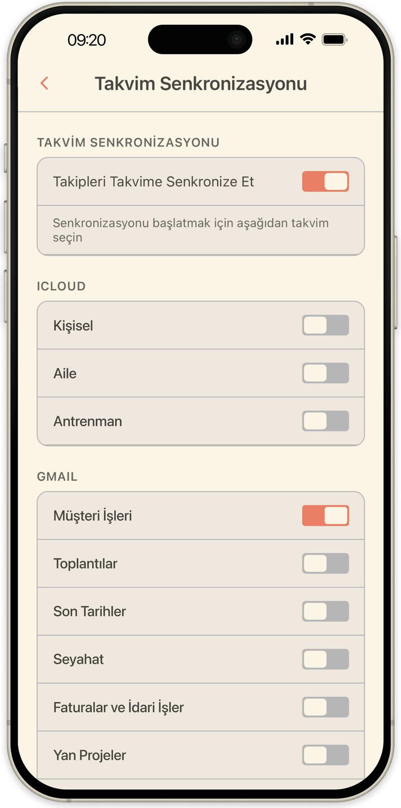 OpenLoop takvim senkronizasyon ayarları: takiplerin hangi iCloud veya Google takvimlerine yazılacağını seçme