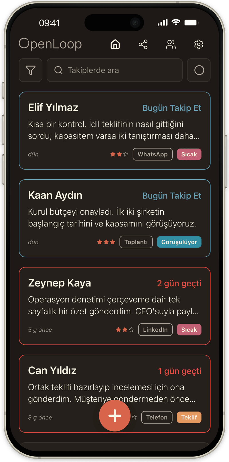 Aynı liste, karanlık modda