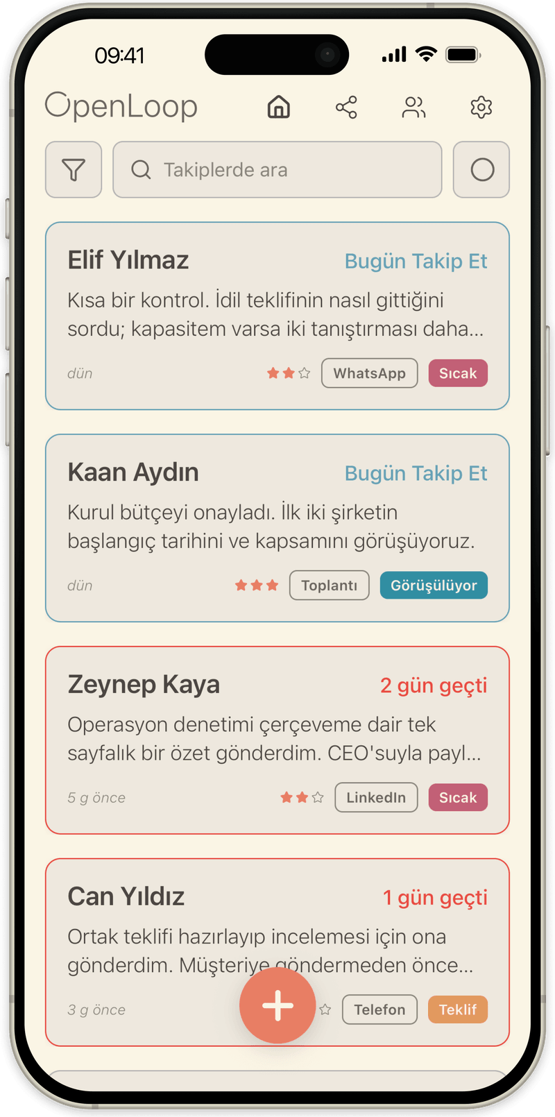 OpenLoop ana liste: her kişi mevcut durumu ve son notuyla birlikte, bugün için takipler en üstte